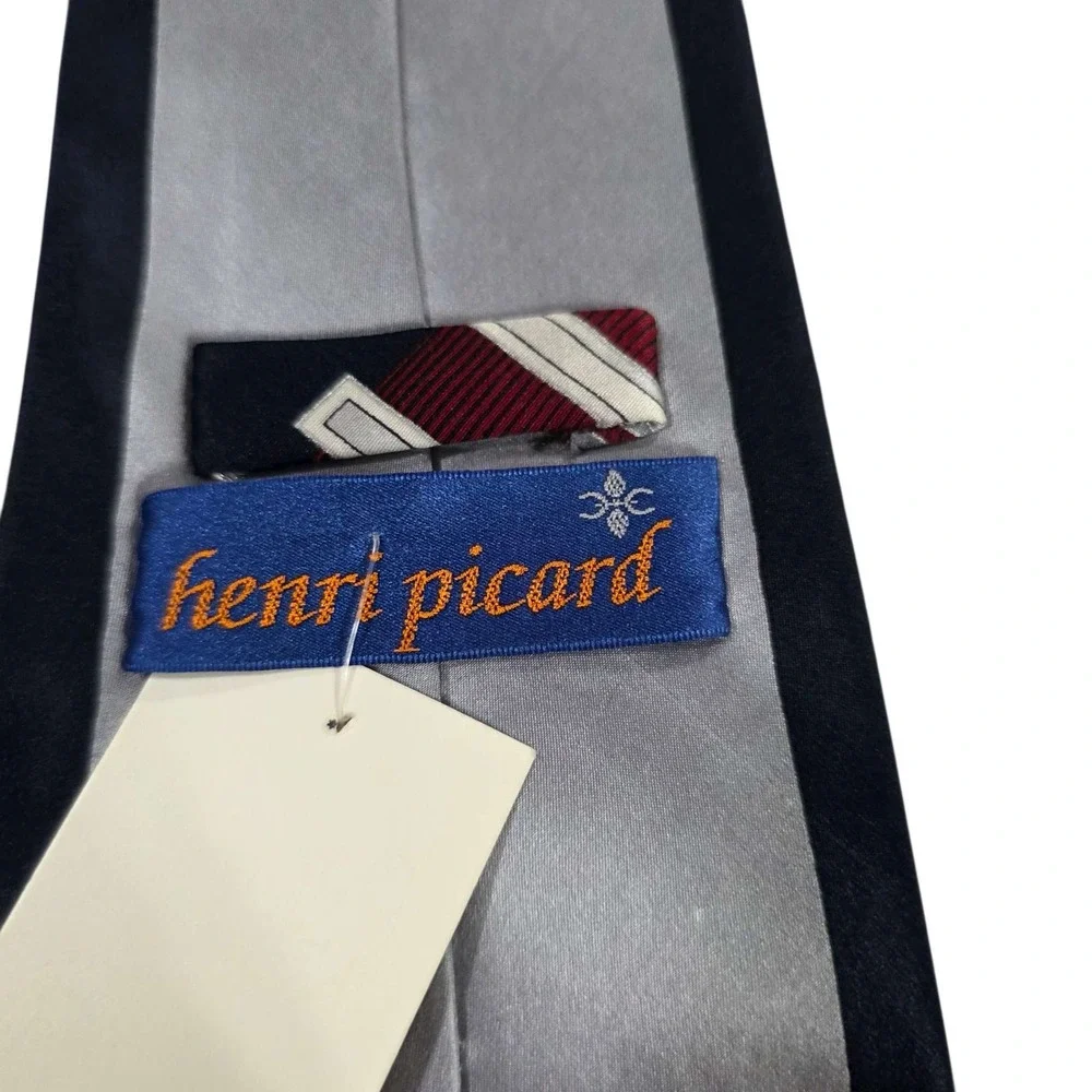 New Henri Picard‎ Mens Silk Striped Necktie Pocket Sq Burgundy Silver Geometric